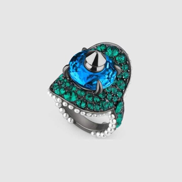 NIB Authentic GUCCI Ring With Stud And Crystals In blue, green - Picture 1 of 8